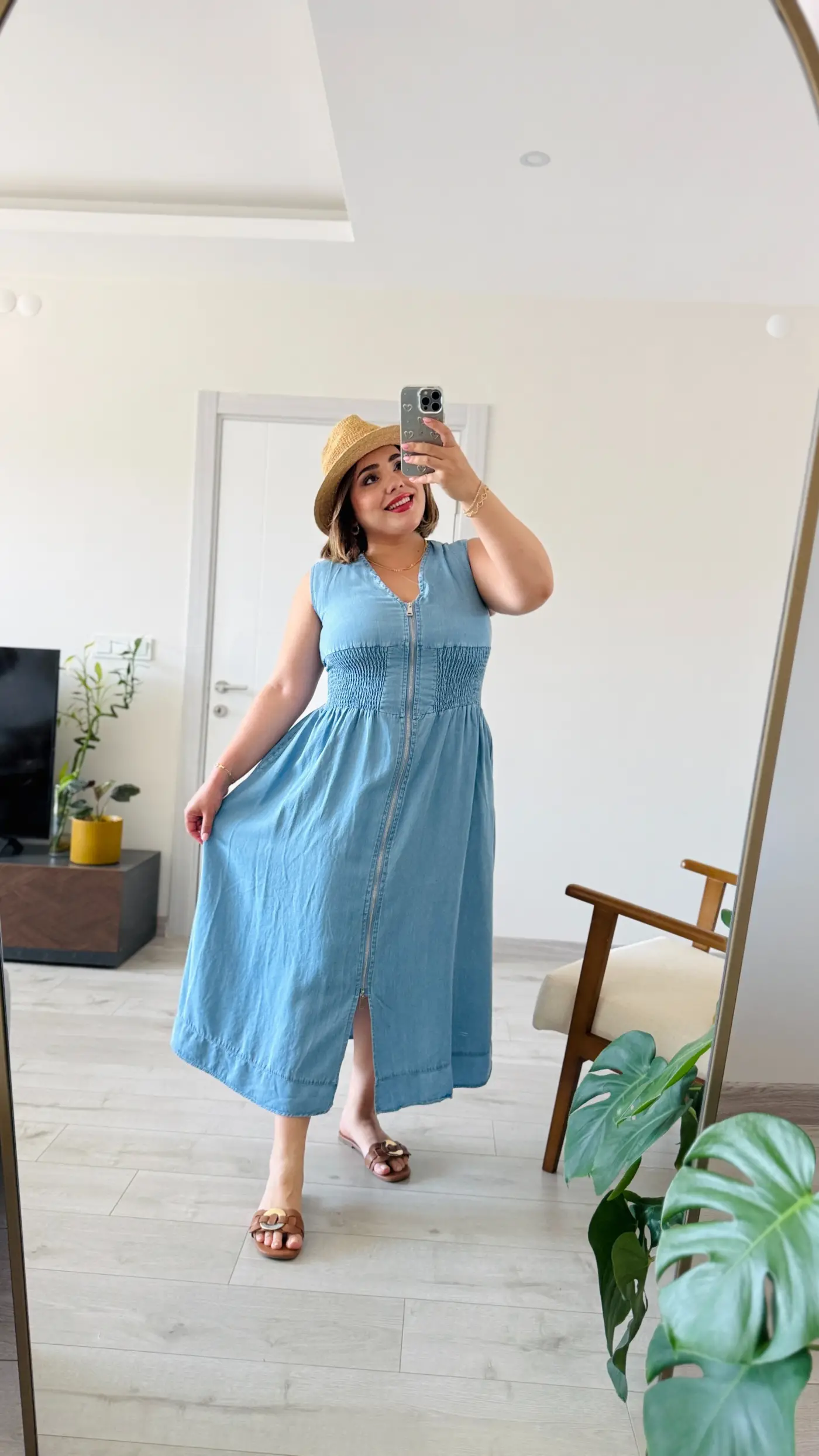 Boydan Fermuarlı Beli Lastikli Jean Elbise