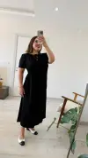 Siyah Kısa Kollu Midi Modal Elbise
