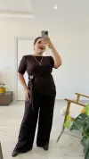 Kahve Asimetrik Kesim Bluz ve Pantolon Takım