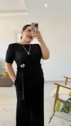 Siyah Asimetrik Kesim Bluz ve Pantolon Takım