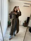 Kahve Dik Yaka Kuşaklı Trençkot