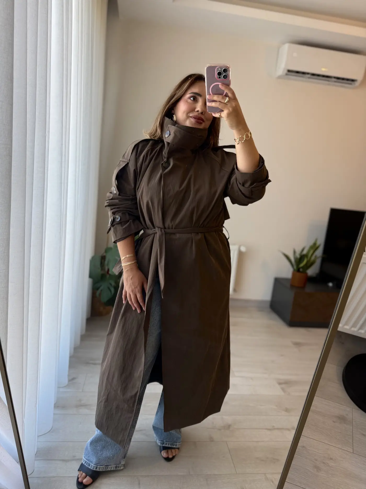 Kahve Dik Yaka Kuşaklı Trençkot