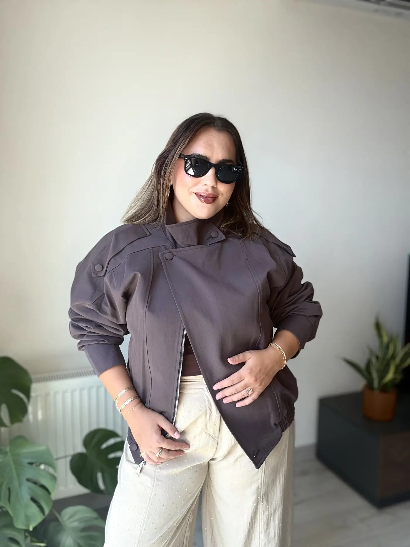 Kahve Dik Yaka Bomber Ceket