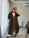Kahve Dik Yaka Kuşaklı Trençkot