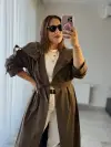 Kahve Dik Yaka Kuşaklı Trençkot